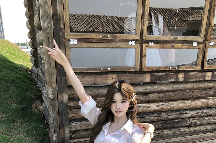 Shirtdress + Set: Belt Long-Sleeve Mini Striped Button-Up