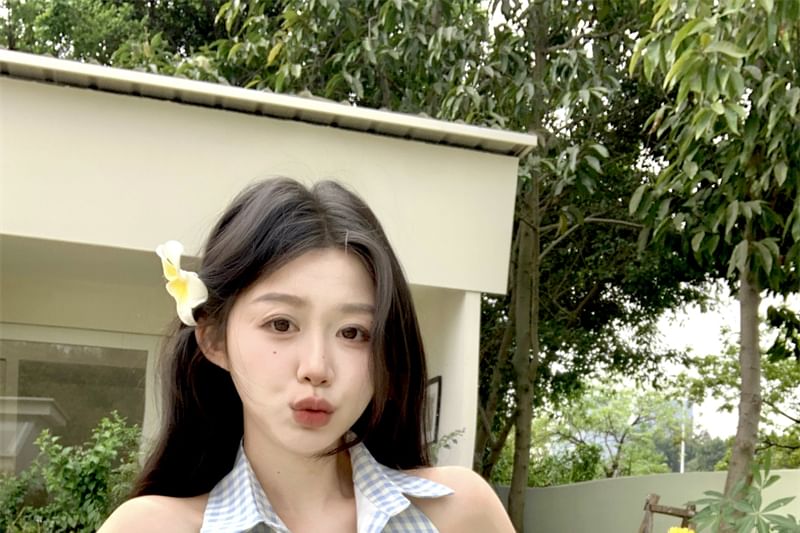 Pleated Dress Gingham Button-Up Halter-Neck Mini A-Line