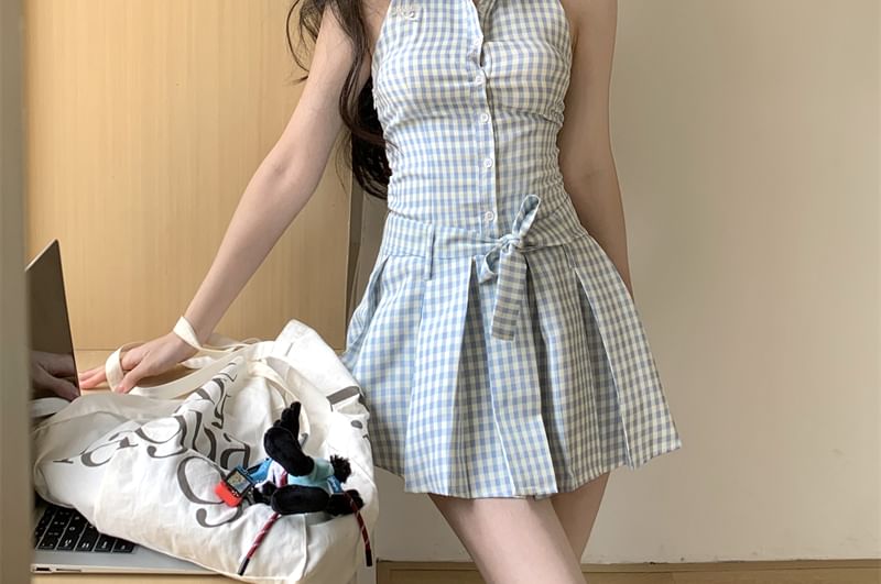 Pleated Dress Gingham Button-Up Halter-Neck Mini A-Line