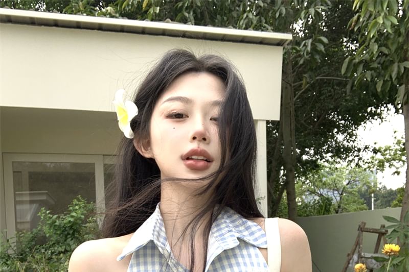 Pleated Dress Gingham Button-Up Halter-Neck Mini A-Line