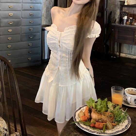 Blouse Shirred Ruffled Skirt Rise Plain A-Line Off-Shoulder Mini / High