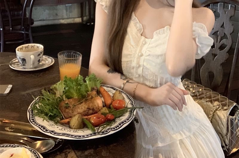 Blouse Shirred Ruffled Skirt Rise Plain A-Line Off-Shoulder Mini / High