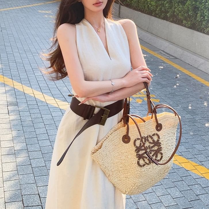 Midi Faux / Dress A-Line Halter-Neck Belt Plain Leather