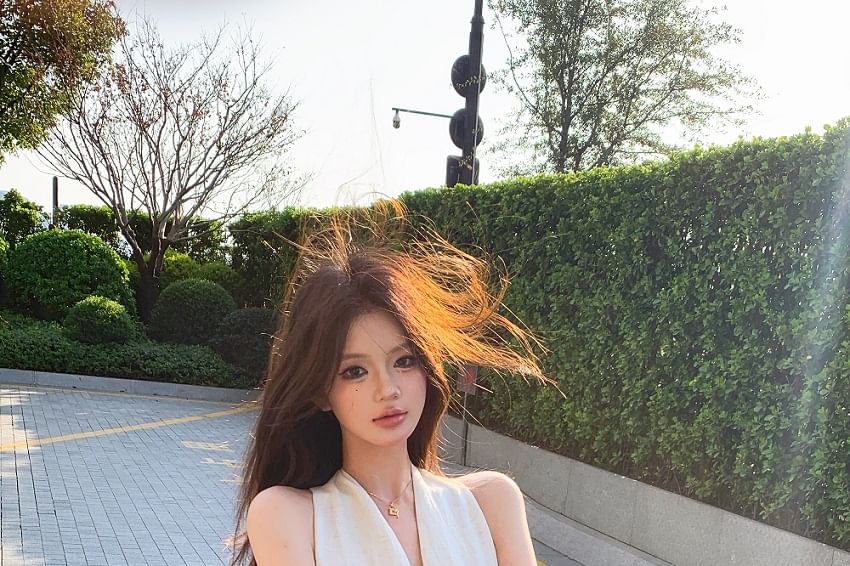 Midi Faux / Dress A-Line Halter-Neck Belt Plain Leather