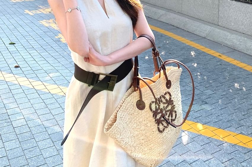 Midi Faux / Dress A-Line Halter-Neck Belt Plain Leather