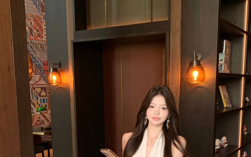 Midi Faux / Dress A-Line Halter-Neck Belt Plain Leather