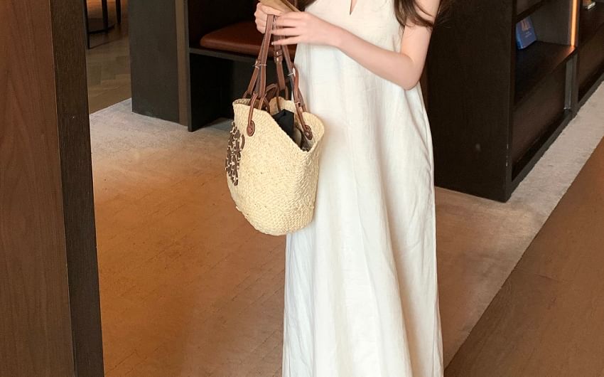 Midi Faux / Dress A-Line Halter-Neck Belt Plain Leather