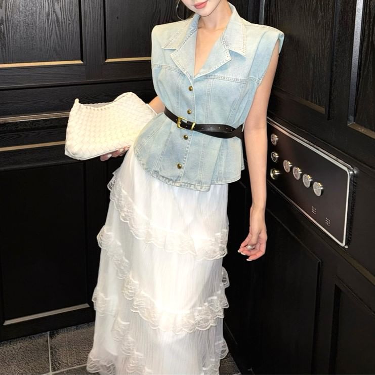 Rise Midi Lace Vest Washed / Button-Up A-Line Denim Skirt High Layered