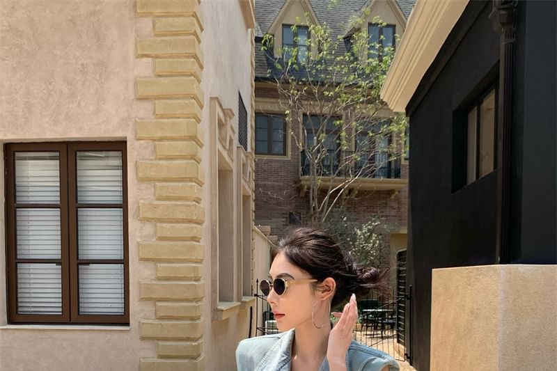 Rise Midi Lace Vest Washed / Button-Up A-Line Denim Skirt High Layered