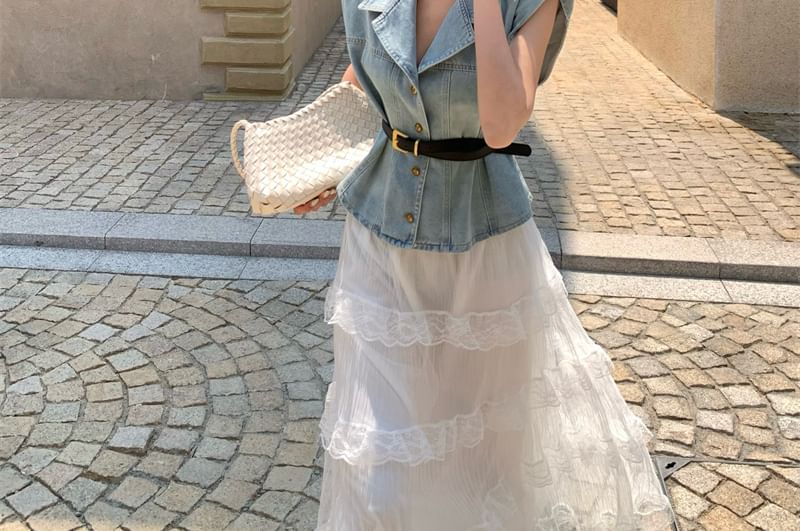 Rise Midi Lace Vest Washed / Button-Up A-Line Denim Skirt High Layered