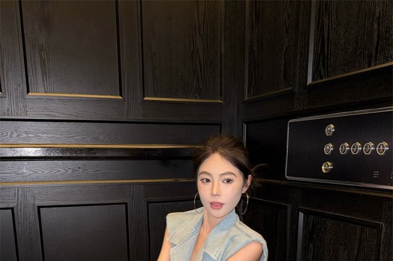 Rise Midi Lace Vest Washed / Button-Up A-Line Denim Skirt High Layered