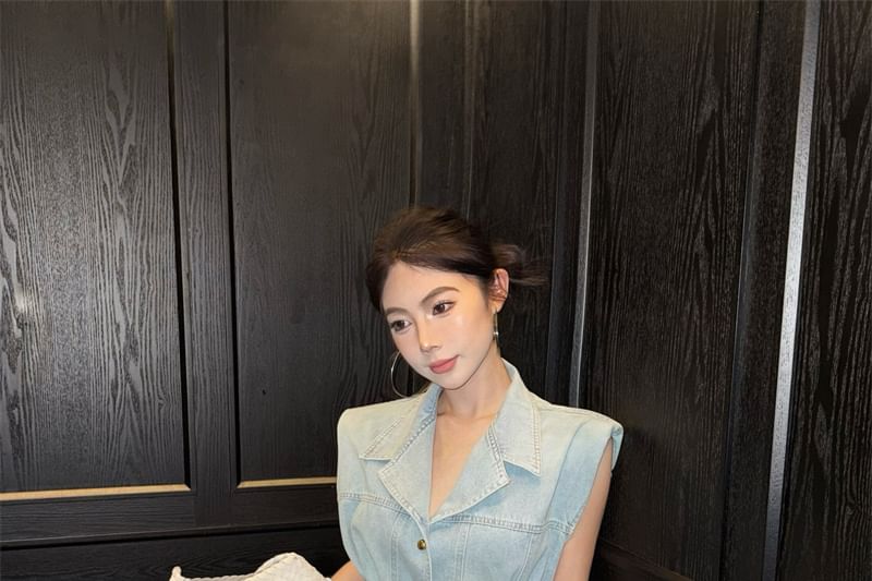 Rise Midi Lace Vest Washed / Button-Up A-Line Denim Skirt High Layered