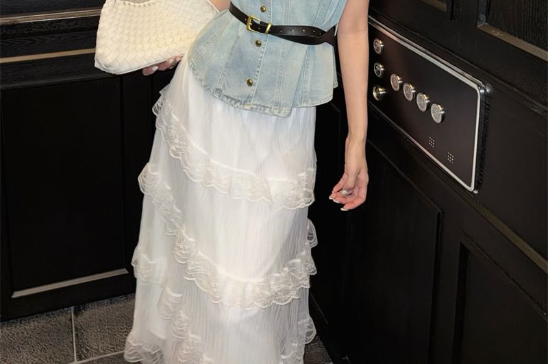 Rise Midi Lace Vest Washed / Button-Up A-Line Denim Skirt High Layered