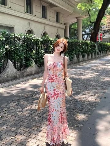 Print Floral Midi Spaghetti Strap Dress Mermaid