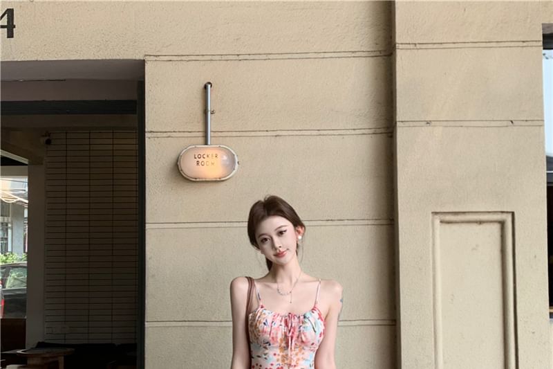 Print Floral Midi Spaghetti Strap Dress Mermaid