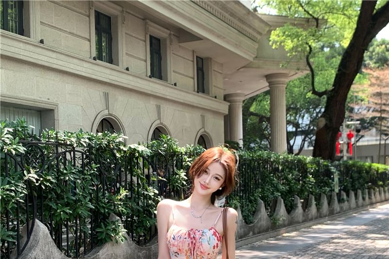 Print Floral Midi Spaghetti Strap Dress Mermaid