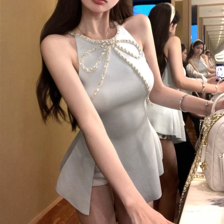 Mini A-Line Dress Rhinestone Bow Halter-Neck Slit