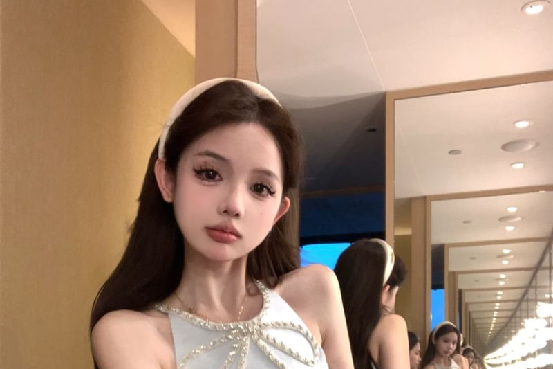 Mini A-Line Dress Rhinestone Bow Halter-Neck Slit