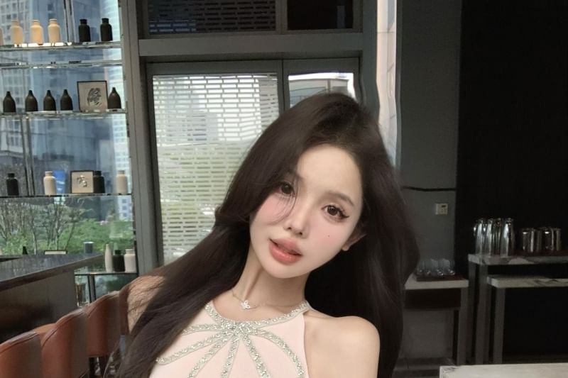 Mini A-Line Dress Rhinestone Bow Halter-Neck Slit