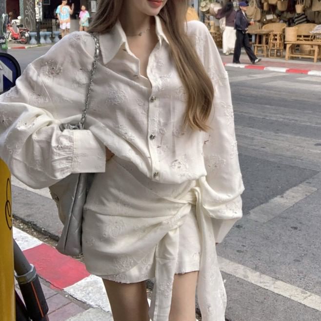 Tie-Side Mini Embroidered Floral Button-Up A-Line Puff-Sleeve Dress