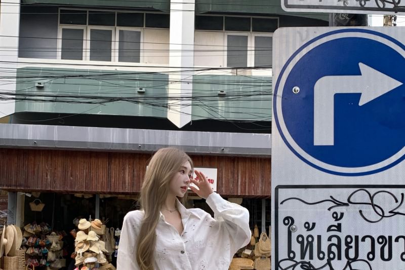 Tie-Side Mini Embroidered Floral Button-Up A-Line Puff-Sleeve Dress