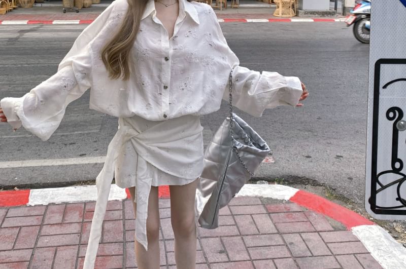 Tie-Side Mini Embroidered Floral Button-Up A-Line Puff-Sleeve Dress