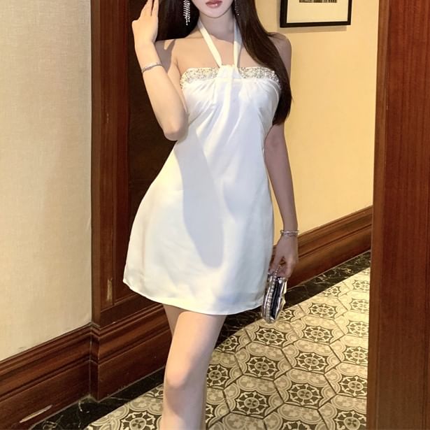 Mini Dress Halter-Neck Rhinestone Satin A-Line