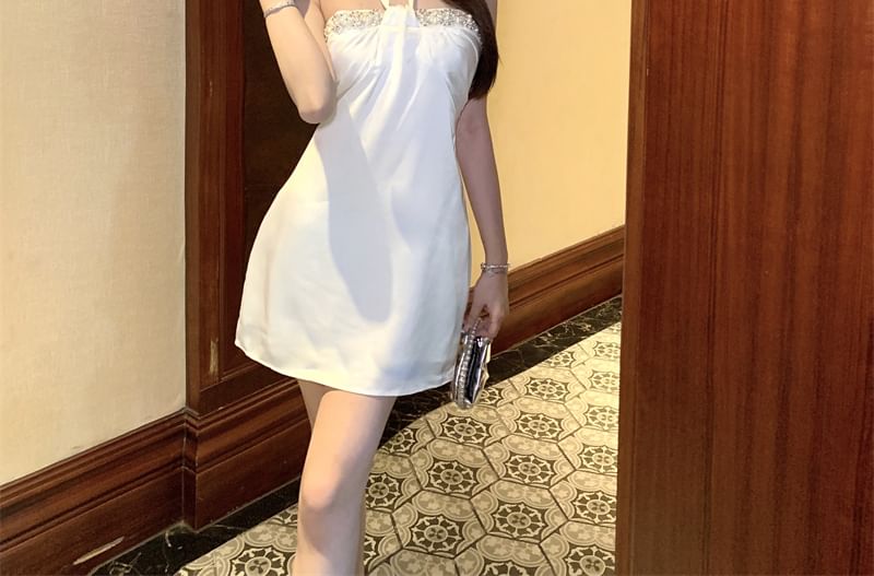 Mini Dress Halter-Neck Rhinestone Satin A-Line