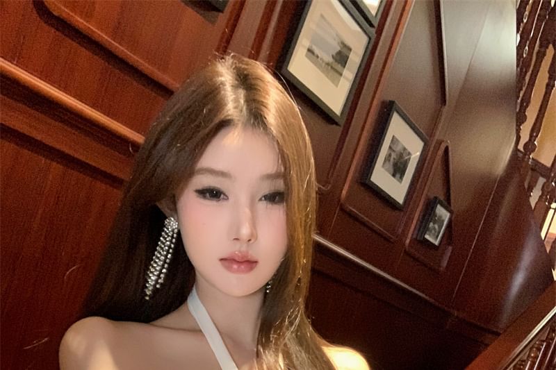 Mini Dress Halter-Neck Rhinestone Satin A-Line