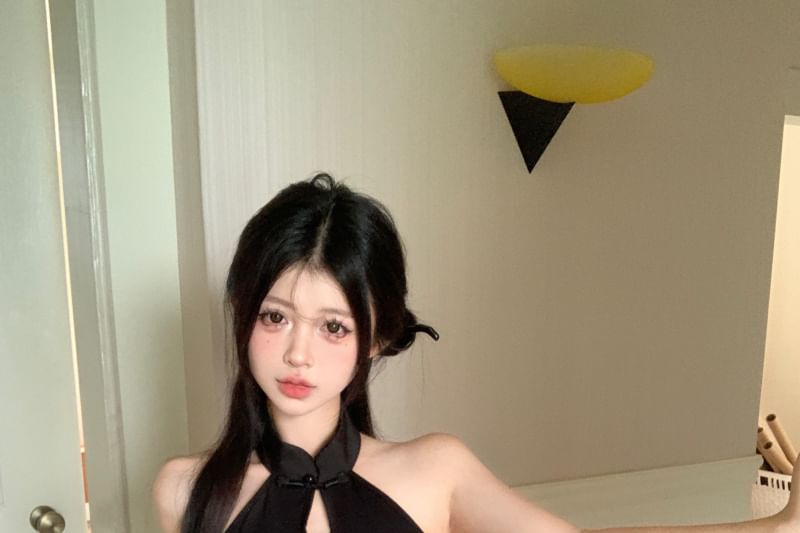 Mini Dress Jacquard Halter-Neck Bodycon Keyhole Floral