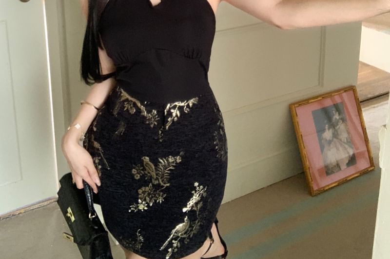 Mini Dress Jacquard Halter-Neck Bodycon Keyhole Floral