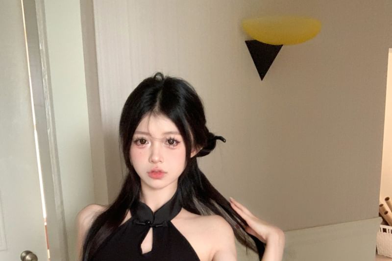 Mini Dress Jacquard Halter-Neck Bodycon Keyhole Floral