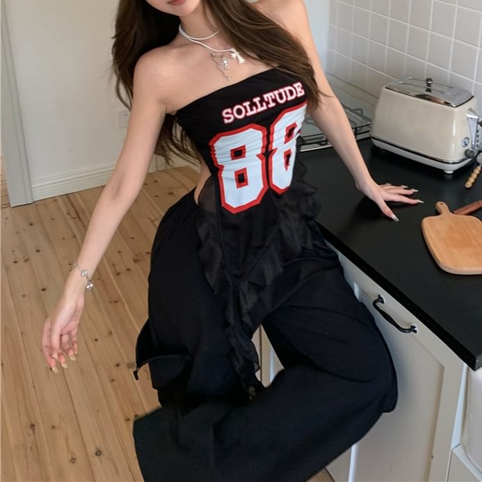 Waist Wide Pants Ruffled Numbering Leg Top Tube High /