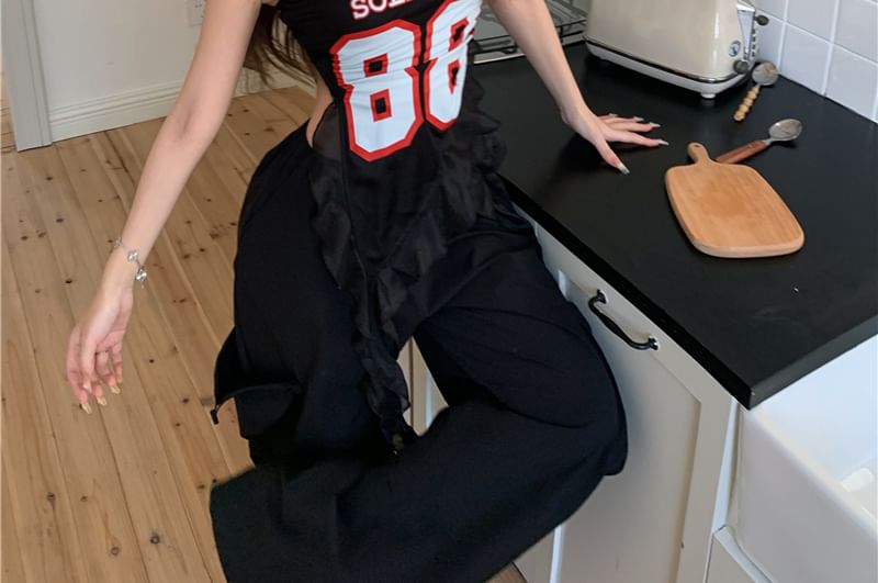 Waist Wide Pants Ruffled Numbering Leg Top Tube High /