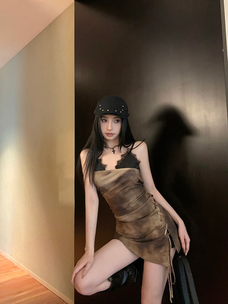 Spaghetti Mini Bodycon Trim Tie-Dyed Drawstring Lace Dress Strap