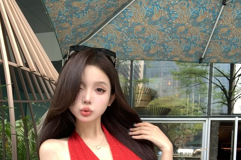 Dotted Top Hem Halter-Neck Plain Ruffle