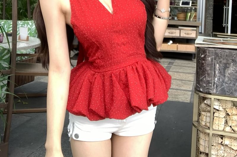 Dotted Top Hem Halter-Neck Plain Ruffle