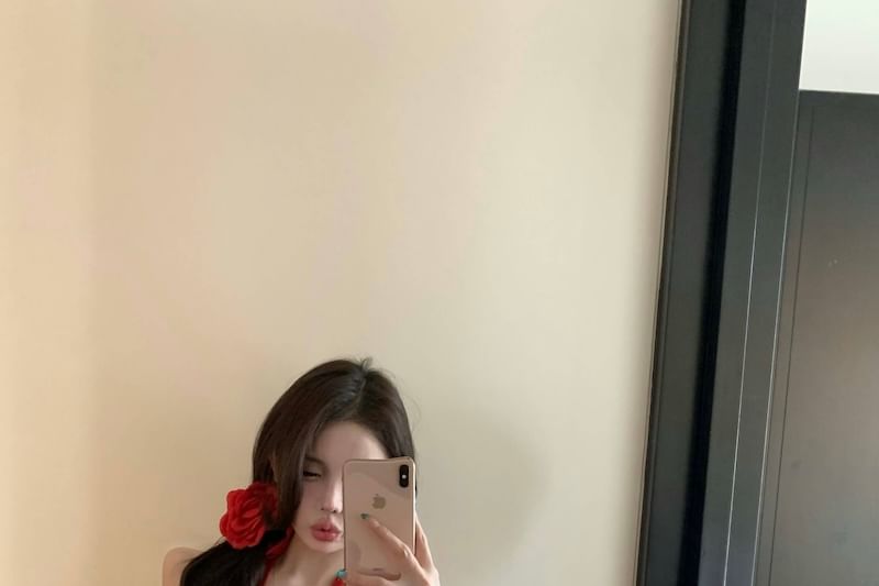 Dotted Top Hem Halter-Neck Plain Ruffle