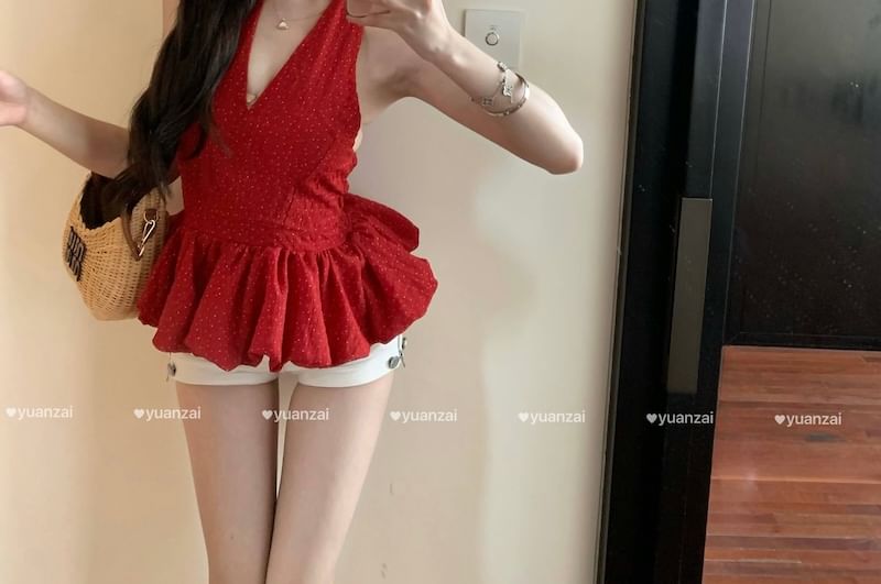 Dotted Top Hem Halter-Neck Plain Ruffle