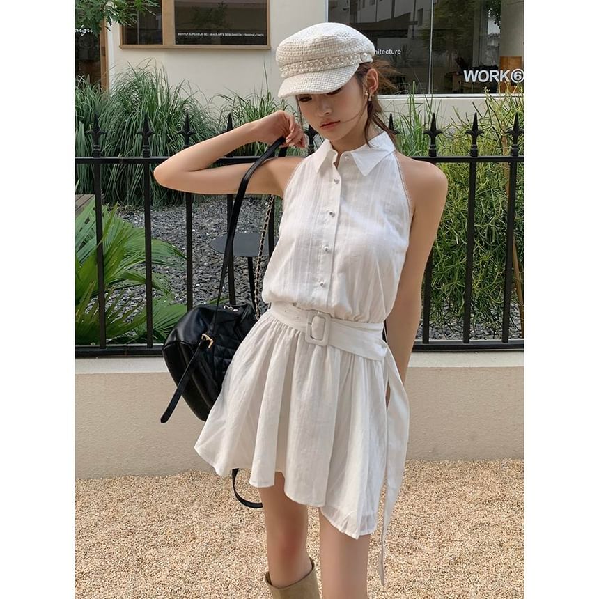 Belted Striped Dress Sleeveless Mini Collared A-Line