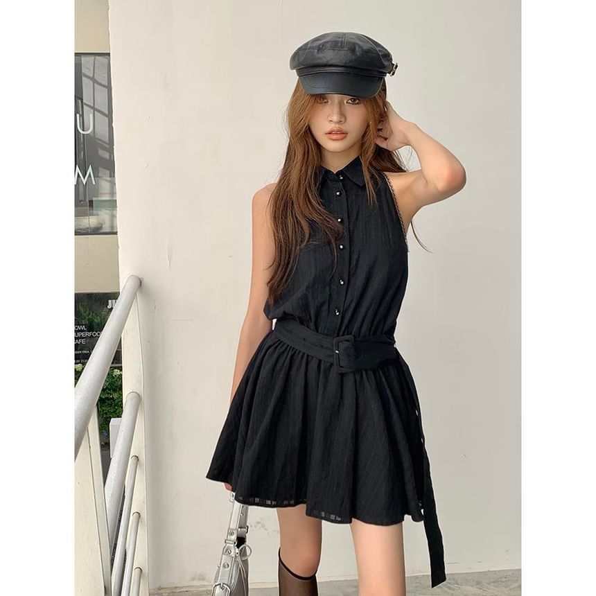 Sleeveless Belted Striped Collared Dress A-Line Mini