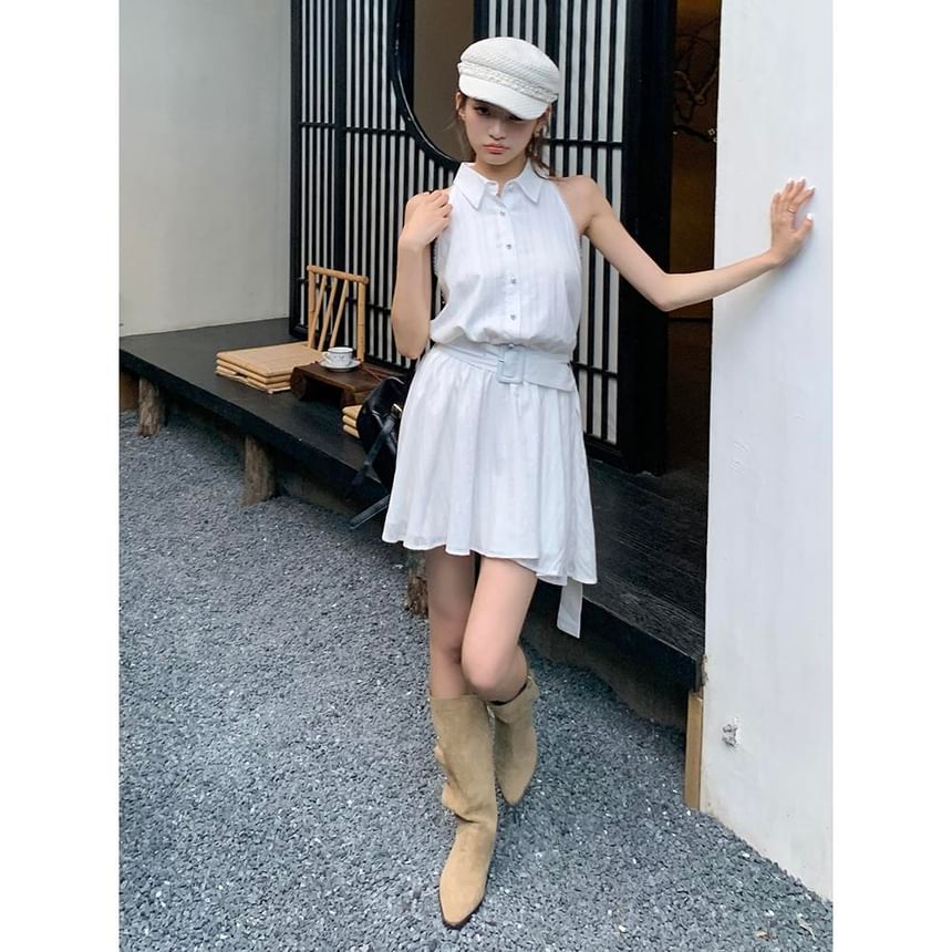 Sleeveless Belted Striped Collared Dress A-Line Mini