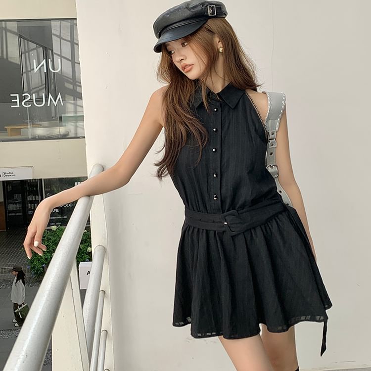 Sleeveless Belted Striped Collared Dress A-Line Mini