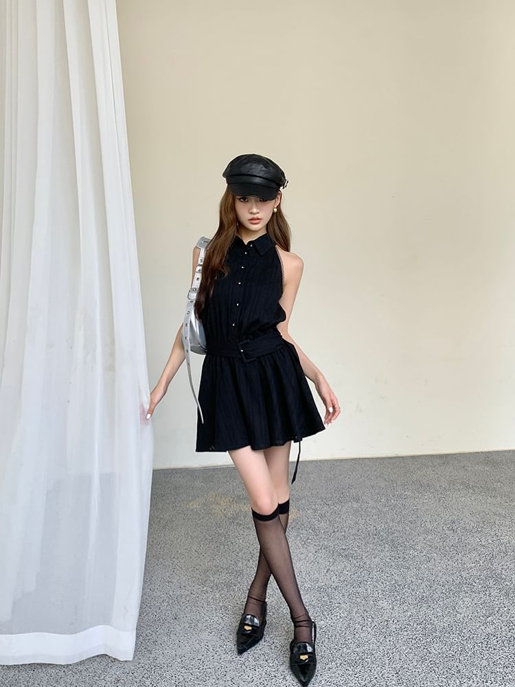 Belted Striped Dress Sleeveless Mini Collared A-Line