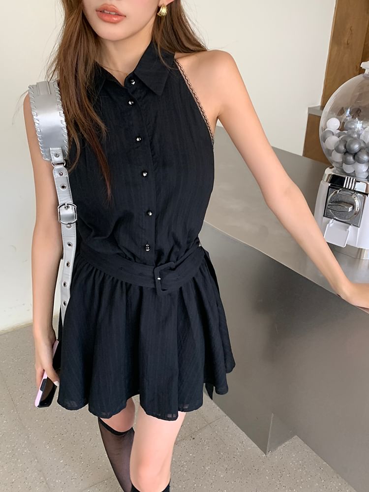 Sleeveless Belted Striped Collared Dress A-Line Mini