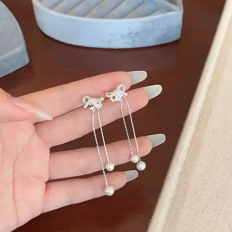 Pearl Earring Dangle Rhinestone Faux Bowknot