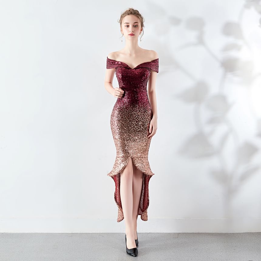 Sleeve Sequined Gown Mermaid Off Short Shoulder Evening Gradient