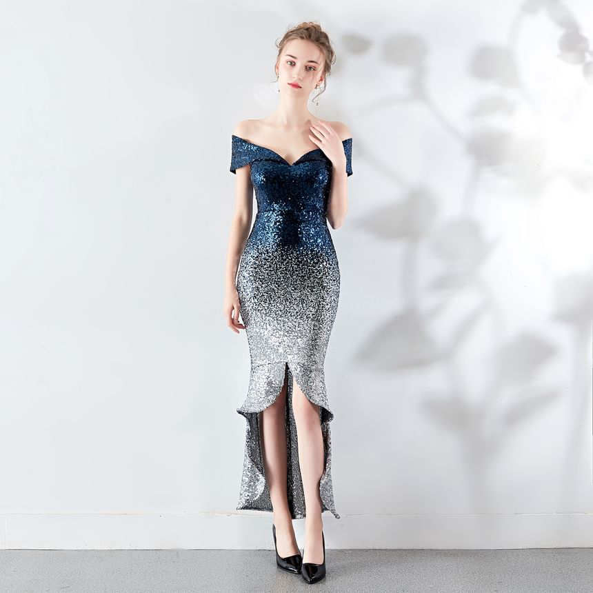 Sleeve Sequined Gown Mermaid Off Short Shoulder Evening Gradient