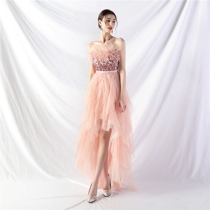 Strapless Trim Gown Feather Evening A-Line Midi Plain