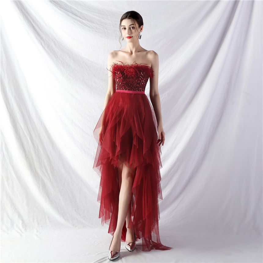 Strapless Trim Gown Feather Evening A-Line Midi Plain